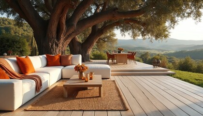 Modern WPC composite deck terrace beside large oak tree. Beige boards show realistic wood grain texture. Outdoor living space includes white sectional sofa, coffee table, dining set. Sunny summer day