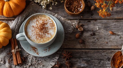 High quality image of overhead shot of pumpkin spice latte with autumn decor on wooden surface.
