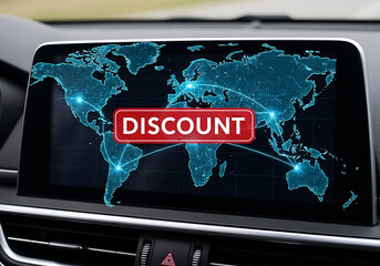 Car display showing world map with discount label and connected dots indicating global deals offered
