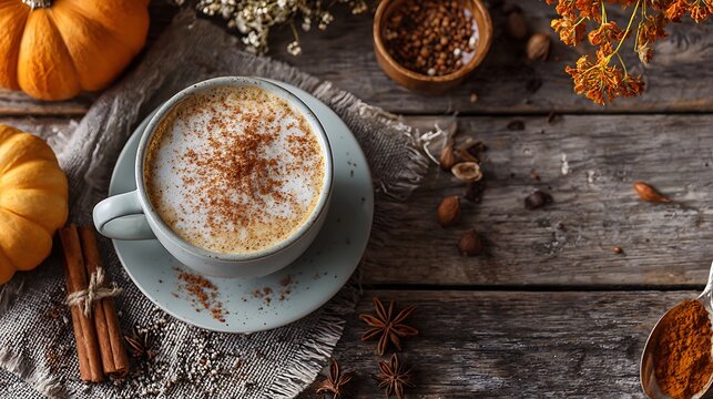 High quality image of overhead shot of pumpkin spice latte with autumn decor on wooden surface.