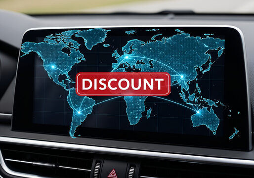 Car display showing world map with discount label and connected dots indicating global deals offered