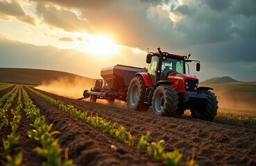 Fototapeta premium Modern red tractor with seed drill attachment sows seeds in dusty field at sunset. Large agricultural machinery ensures efficient, precise farm work and high productivity on cultivated land.