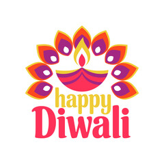 Happy Diwali label, colorful diya flower icon, pink orange petals, modern festive lettering, cheerful celebration graphic, vector illustration