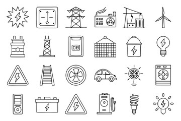 Energy power electricity generation and distribution icons set renewable sources and electrical equipment vector 100 on transparent background