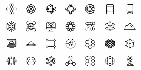 Vibrant collection of scientific and abstract geometric icons representing molecules, crystals, and data structures for innovative technology and research themes