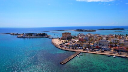Porto Cesareo - Italy, Apulia - Aerial view of the southern promenade with Lo scoglio island