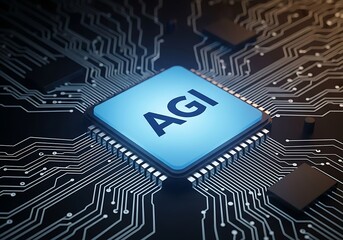 A close-up, high-angle view of a futuristic computer chip with the letters "AGI" glowing blue on its surface, surrounded by intricate circuitry and electronic pathways.