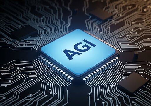 A close-up, high-angle view of a futuristic computer chip with the letters "AGI" glowing blue on its surface, surrounded by intricate circuitry and electronic pathways.