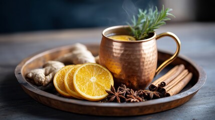 Copper cup with hot beverage, steaming, garnished with rosemary, alongside orange slices, ginger, star anise, and cinnamon sticks on a wooden tray.