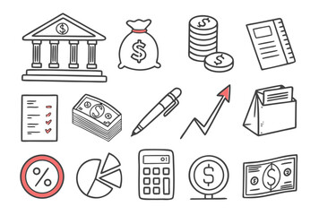 Finance and investment doodle icons set with money, bank, growth chart, and business elements vector design on transparent background