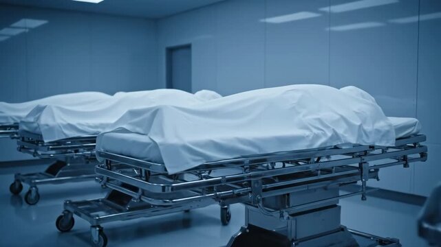 Morgue Interior - Covered Bodies on Stainless Steel Tables - A sterile morgue interior is shown with several stainless steel gurneys, each covered with a white sheet.