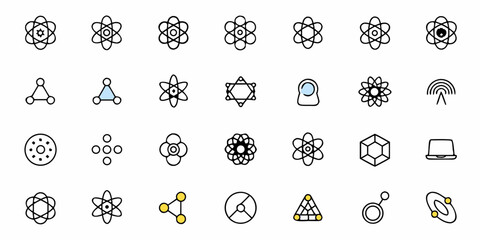 Dynamic science and technology icons representing atoms molecules technology and innovation perfect for modern presentations educational materials and digital design projects.
