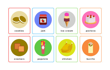 Set of eight colorful illustrated cards featuring different food items