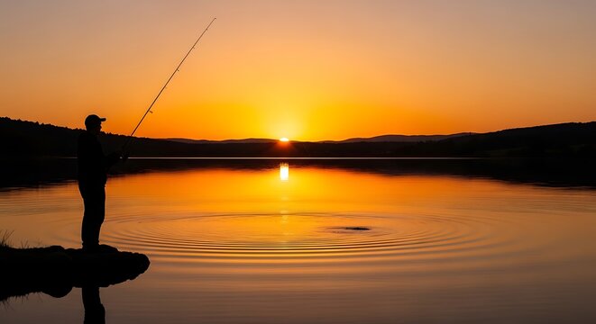Fisherman casting line into water at sunset fishing lake