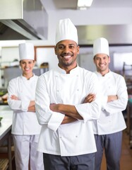 Three chefs in white uniforms, smiling, arms crossed, in a commercial kitchen