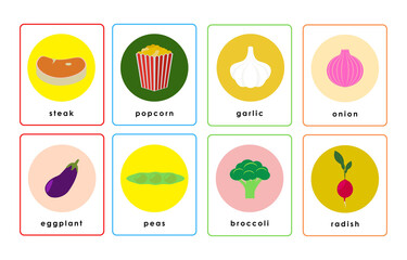 Colorful illustrated flashcards of fruits and vegetables for kids