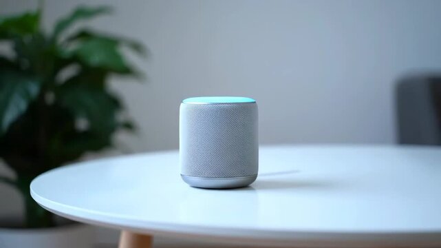 Smart Speaker on Modern Coffee Table - A gray smart speaker with a glowing light sits on a white round coffee table in a modern home setting. A blurred green plant is visible in the background.
