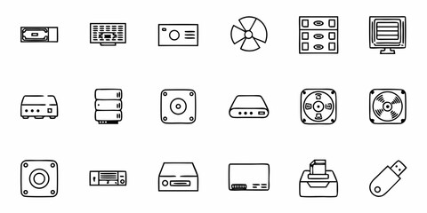Modern technology icons featuring diverse computer hardware components and digital devices for innovative design projects and tech presentations