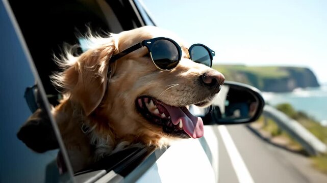 Happy Golden Retriever on a Road Trip - A smiling Golden Retriever dog wears sunglasses and enjoys the view from a car window during a coastal road trip.