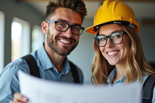 Reviewing Blueprints: Young Male and Female Architects in Glasses Smiling at Construction Site Office
