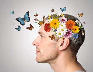 Surreal portrait of a mans creative mind blooming with flowers and butterflies.