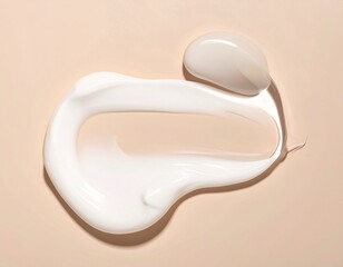 Swatches of liquid foundation and moisturizer on a beige background.