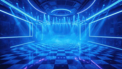Ethereal Mood of an empty discotheque filled with Blue Neon.