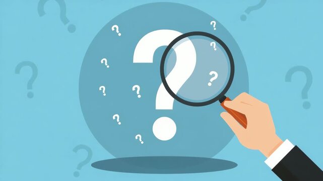 Question Mark and Root Cause Analysis Concept. A hand holding a magnifying glass over a large question mark surrounded by smaller ones on a blue background, symbolizing analysis and research answers.