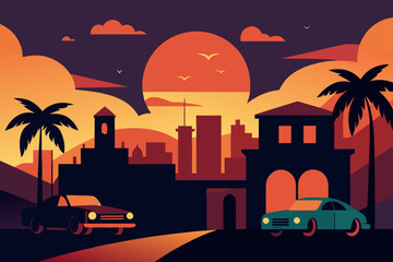Obraz premium Silhouette vector illustration of a dark night cityscape at sunset with a moon, sky, and urban building skyline architecture