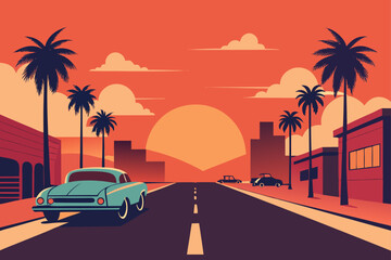 A vector illustration of a vintage car driving on a road near a beach at sunset, with palm trees and the ocean in the background