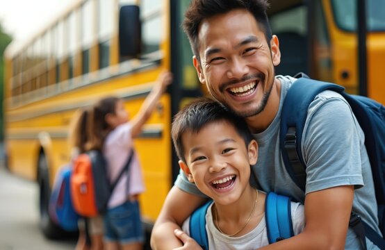 Happy father and son share joyful moment near yellow school bus. Both wear backpacks, ready for school day. Other children board bus in background. Love and family bond. - Powered by Adobe