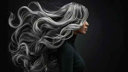 Elegant woman with flowing silver hair against a dark background, showcasing beauty and style.