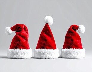 Three Red Santa Hats on Gray Background.