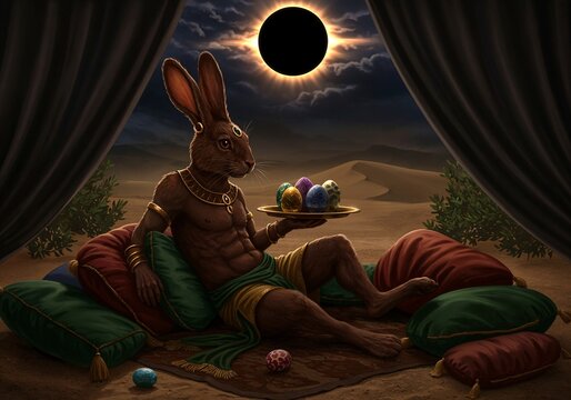 Rabbit God with Colorful Eggs in Desert Oasis