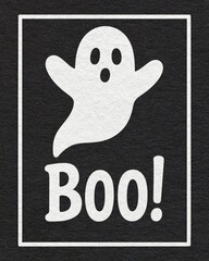 Halloween white ghost with Boo text in flat on textured black paper background, spooky greeting card or poster