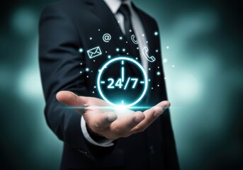 Man in a suit holding a glowing clock icon with 247 and surrounding communication symbols