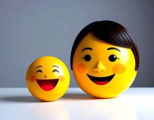 Two three dimensional yellow emoji faces smiling joyfully together.