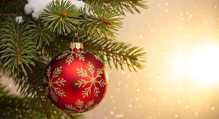 Fototapeta premium Red bauble snowflake decoration on pine branch christmas ornament