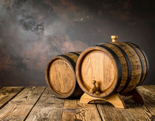 Two rustic wooden oak barrels for aging wine or whiskey on a wooden table.