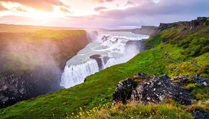 Dramatic waterfall panorama at sunset