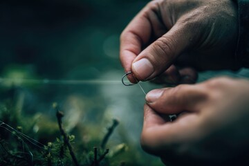 Hands skillfully tying a fishing hook while preparing for a relaxing day by the lake in a serene natural setting