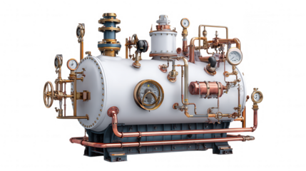 Intricate steampunk boiler with pipes and gauges isolated on transparent background