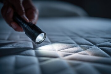 Exploring a mattress using a flashlight in a dimly lit room to check for hidden issues or cleanliness
