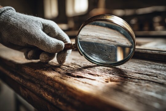 Person examines wooden surface closely with magnifying glass inside a workshop during daylight hours