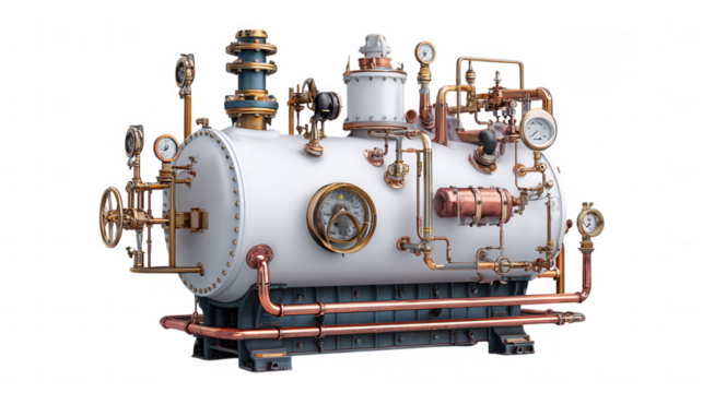 Intricate steampunk boiler with pipes and gauges isolated on transparent background - Powered by Adobe