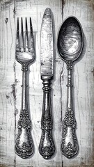 Antique silverware on a distressed wooden background