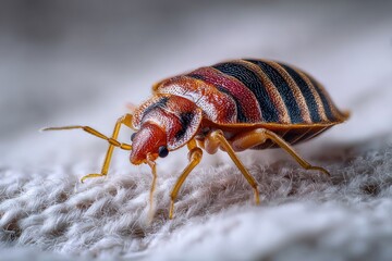Close-up view of a bed bug crawling on fabric, highlighting its distinctive striped pattern and features