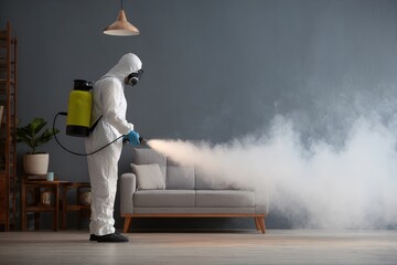 Professional disinfecting service performing sanitation in a modern living room during daytime