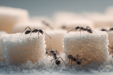 Ants exploring sugar cubes in a close-up view during daylight