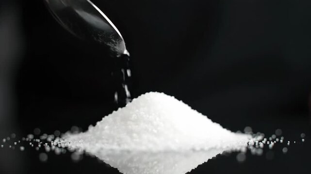 Sugar Pouring onto Reflective Surface - A spoon pours granulated sugar onto a dark reflective surface, creating a small pile with a visible reflection.